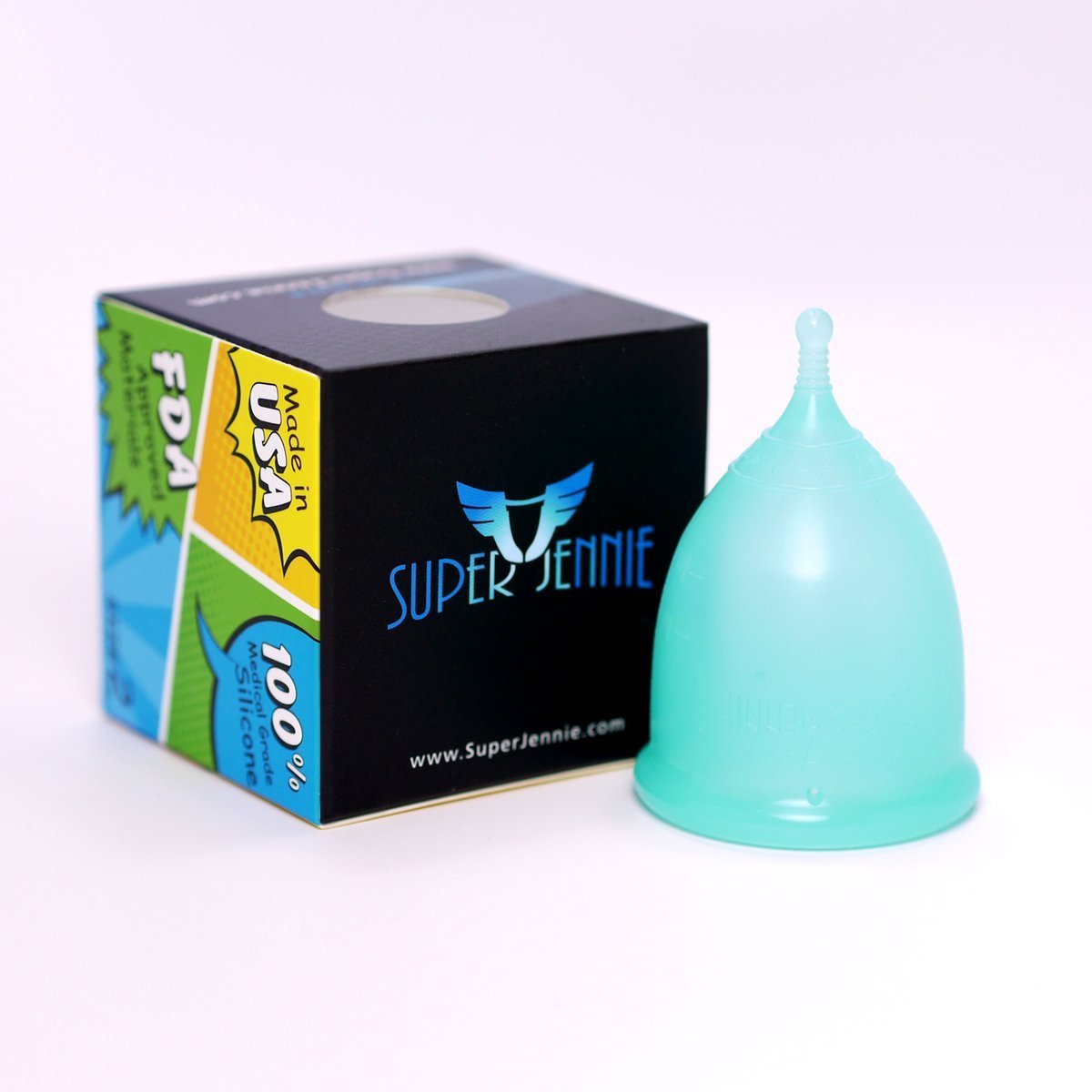 Super Jennie menstrual cup in teal with large capacity for heavy flow and leak protection.