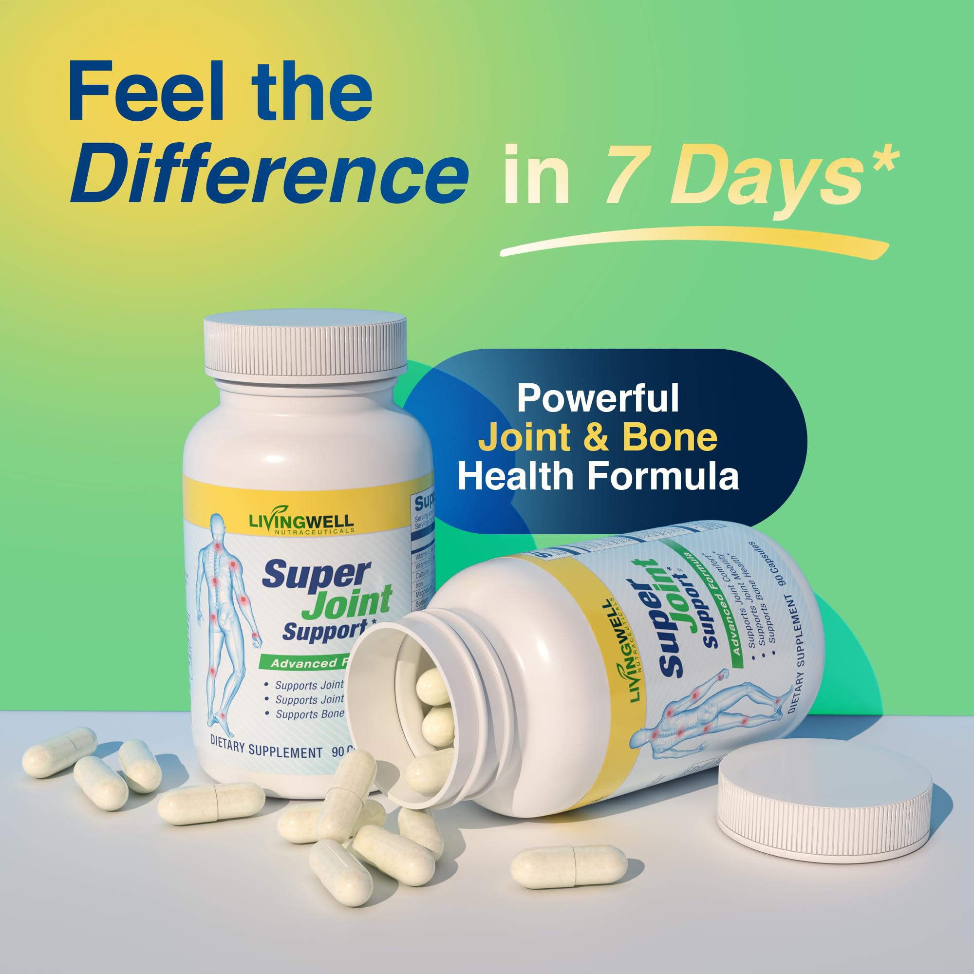 SUPER JOINT SUPPORT capsules close-up illustrating convenient daily supplementation
