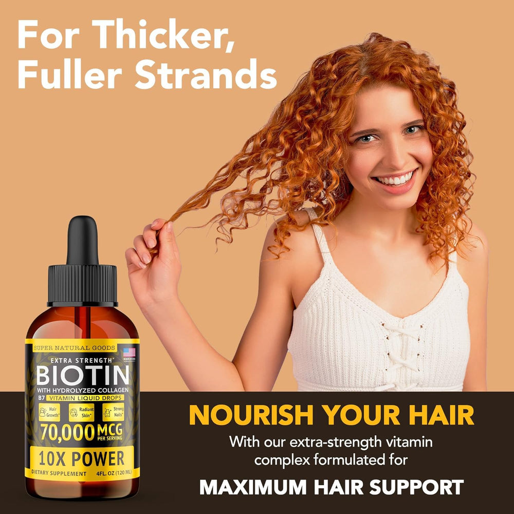 Super Natural Goods label ingredients panel highlights the biotin and collagen formula.