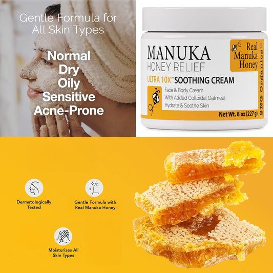 Super Natural Goods Manuka Honey Cream label closeup highlights a clean, fragrance-free formula.