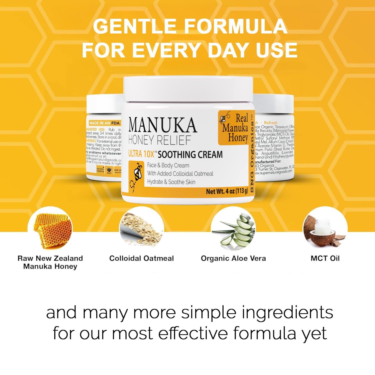 Close view of the Manuka Honey Cream label and simple ingredients