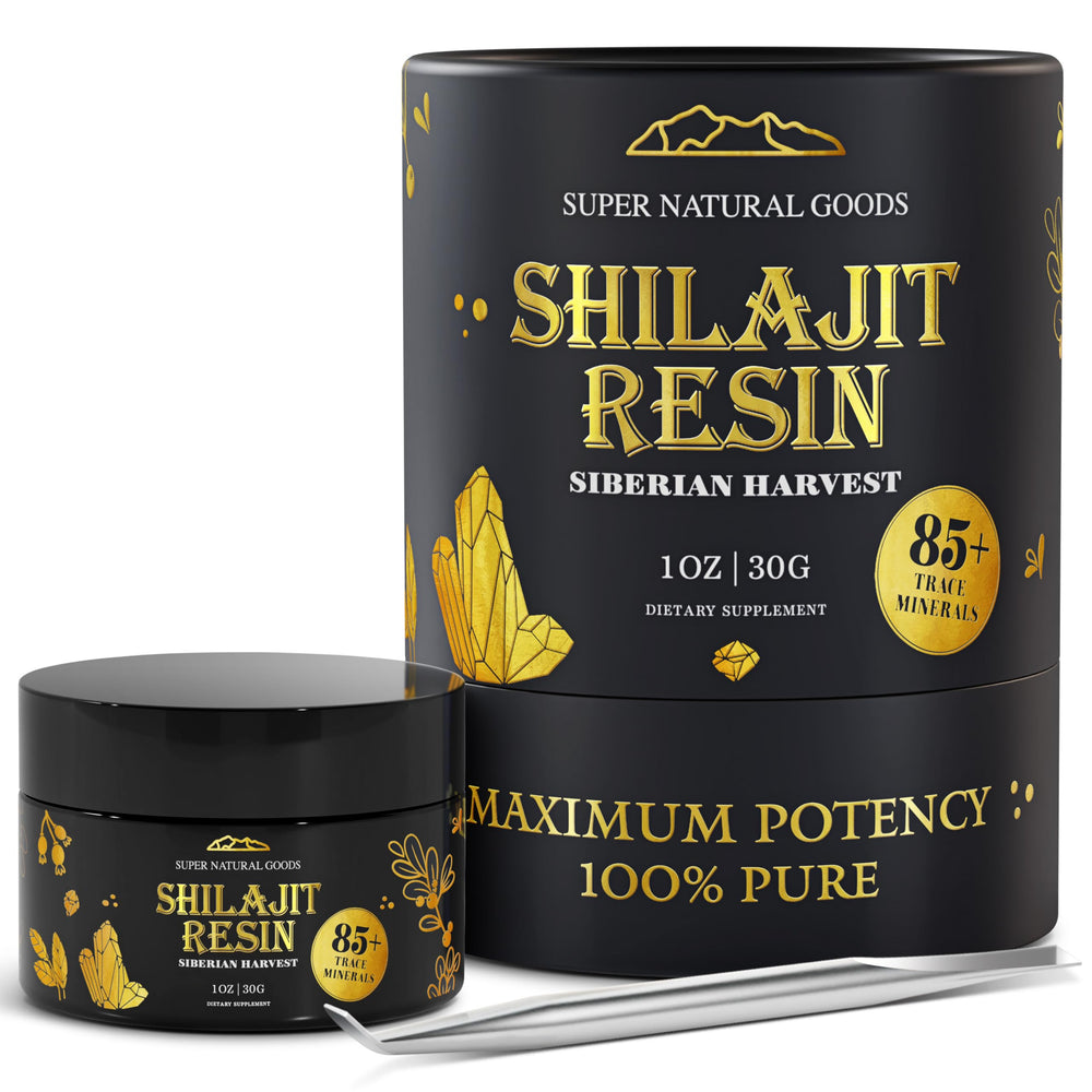 Super Natural Goods shilajit resin jar closeup highlighting rich mineral content.