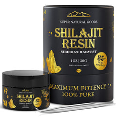 Super Natural Goods shilajit resin jar closeup highlighting rich mineral content.