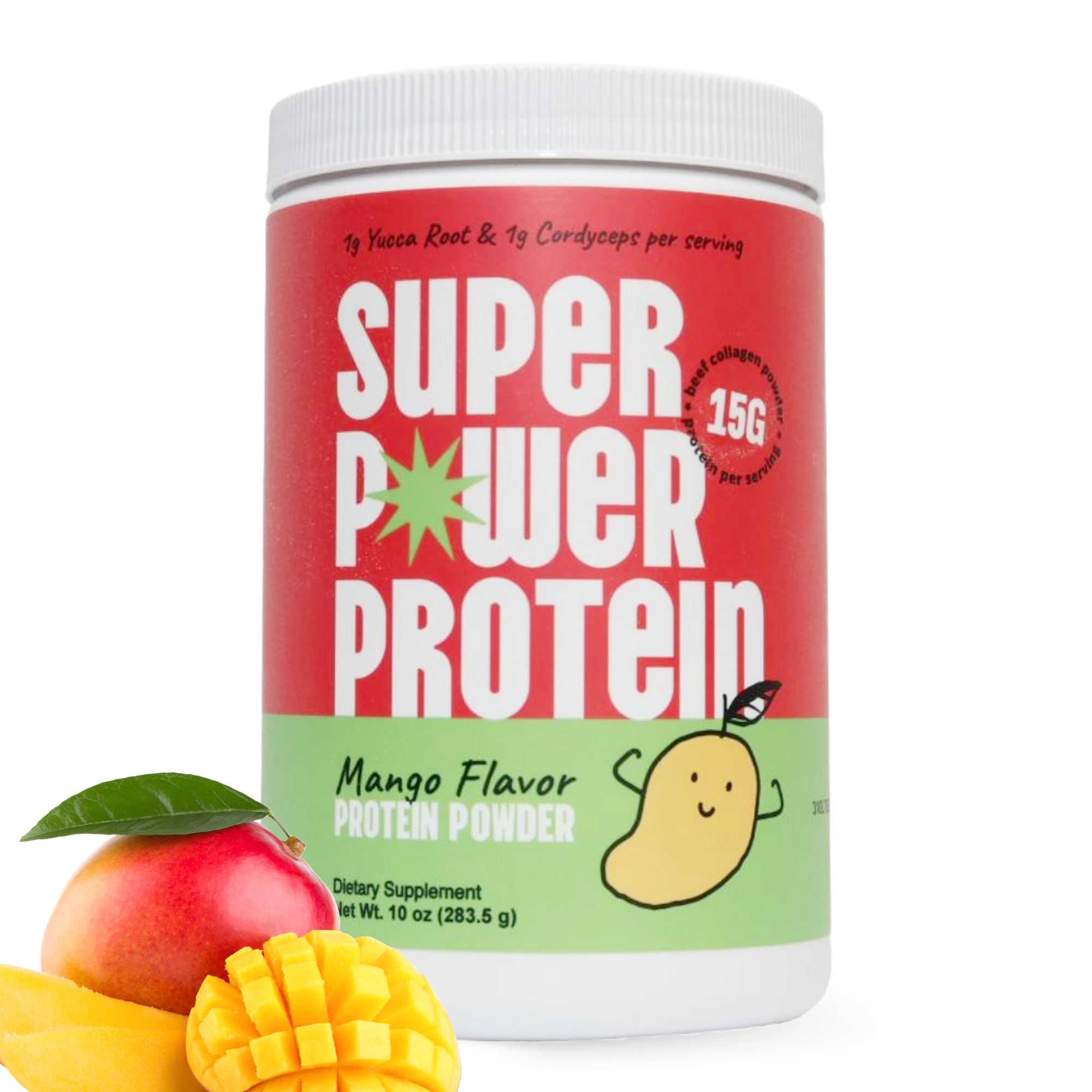 SUPER POWER PROTEIN mango bottle label - premium collagen blend for active lifestyles.