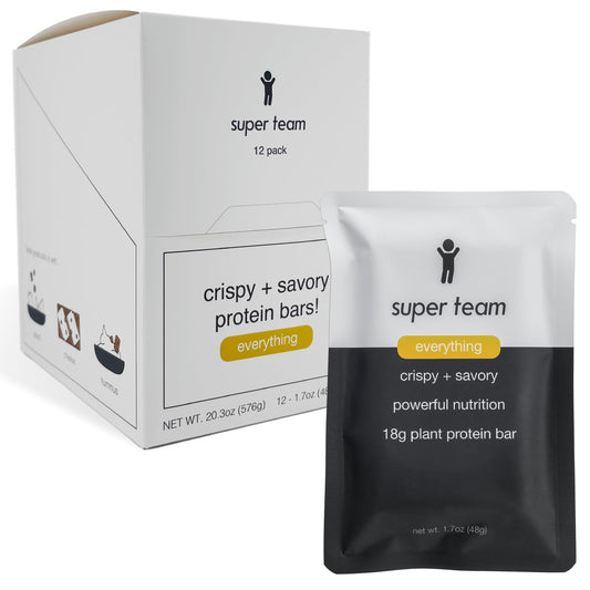 Super Team savory crispy bar Everything Bagel front-pack delivers convenient high-protein snack
