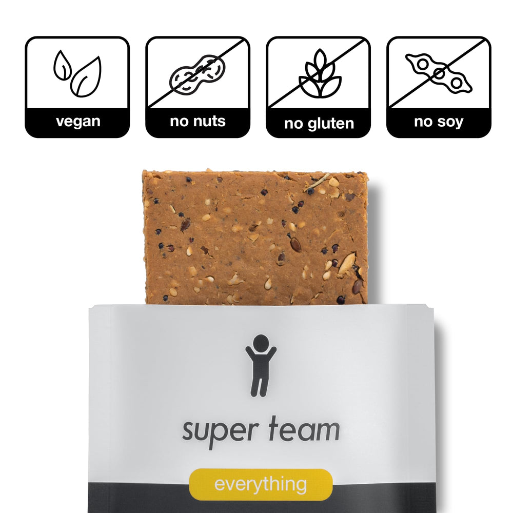 Super Team savory bar ingredients showcase seeds and whole grains for nutritious, plant-based energy