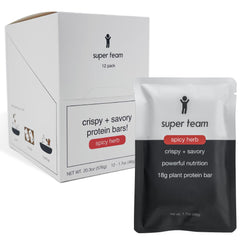 Super Team Savory Crispy Bar packaging closeup showcases a protein-packed snack option