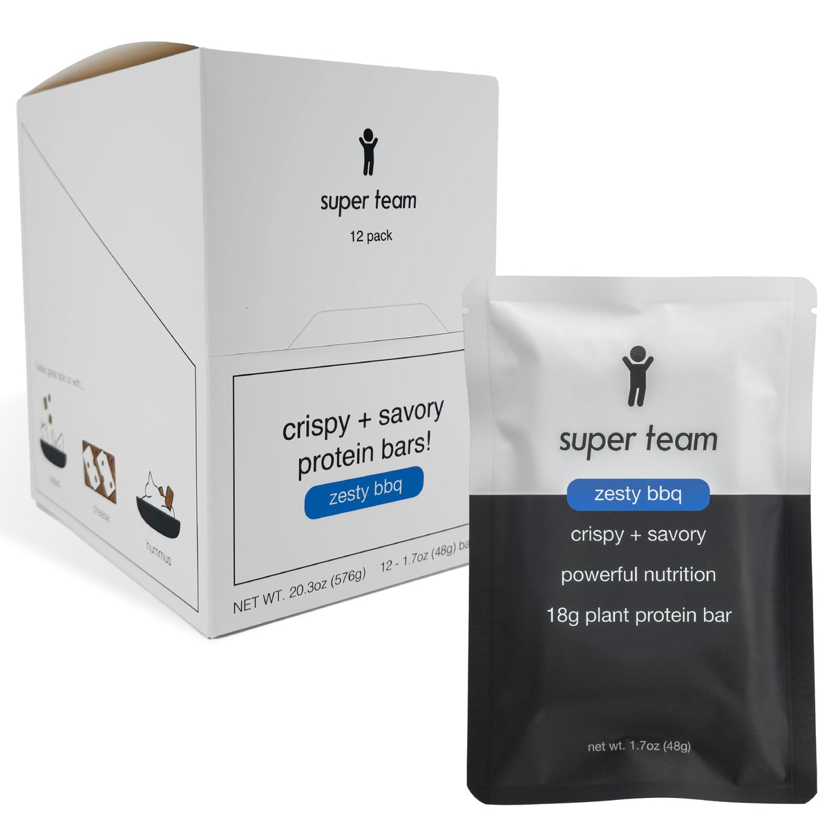 Super Team Zesty BBQ bars front pack, on-the-go protein snack