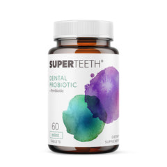 SUPER TEETH bottle pour shows the probiotic tablets ready for daily oral care.