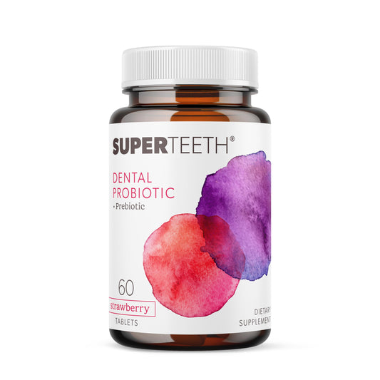 SUPER TEETH packaging front with strawberry chewables for fresh breath
