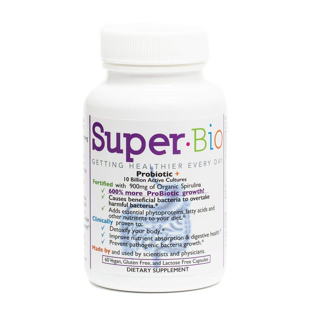 SuperBio probiotic bottle showing spirulina label for digestive balance