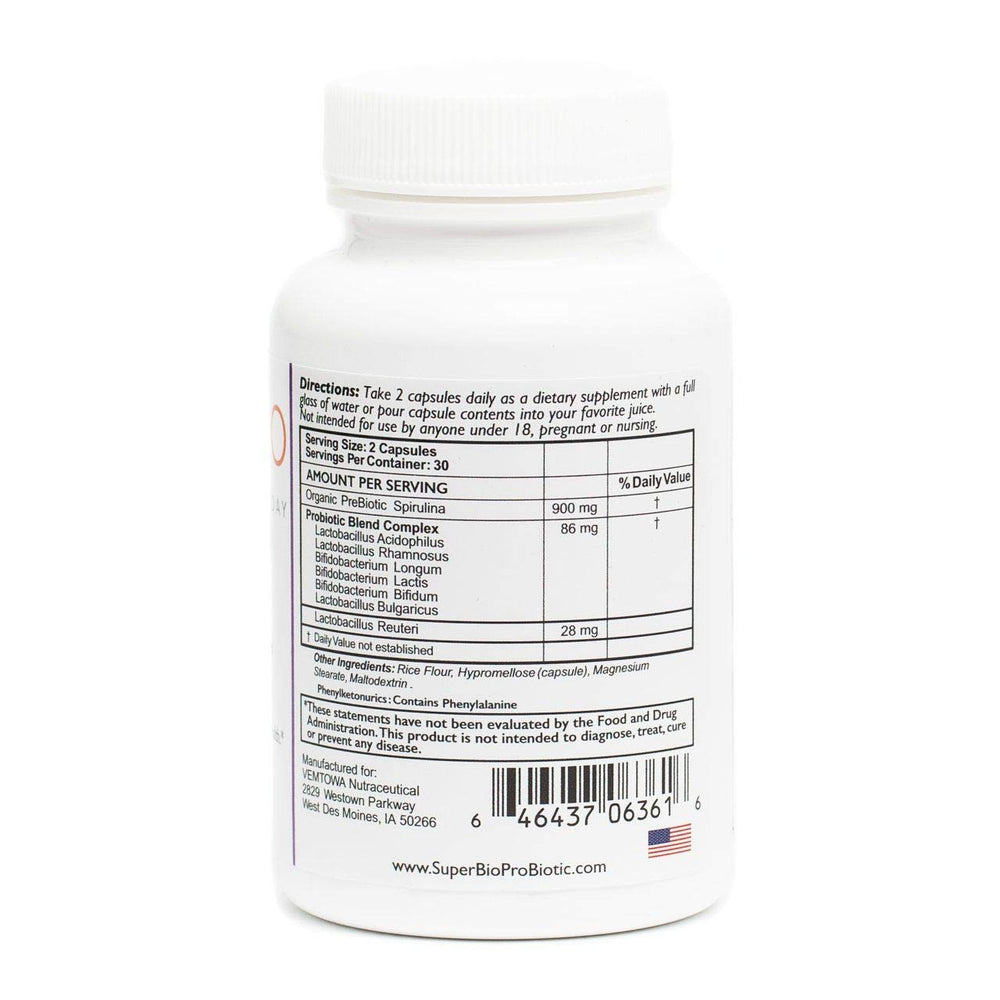 Close-up of spirulina packaging used in SuperBio formula