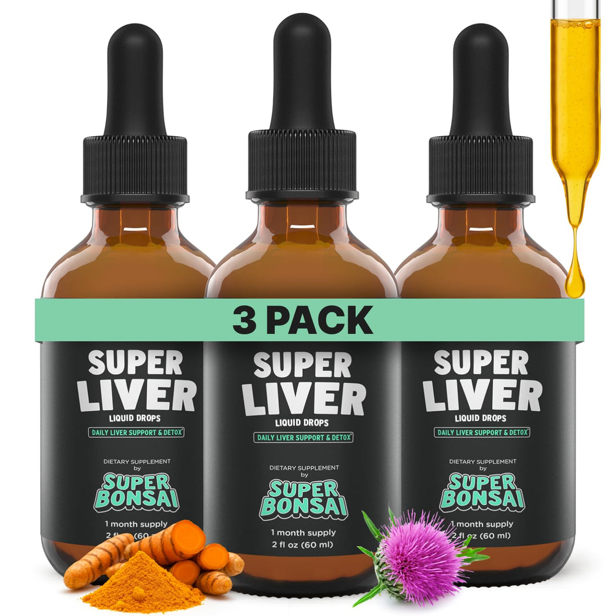 SuperBonsai Super Liver bottle with dropper for easy daily detox.