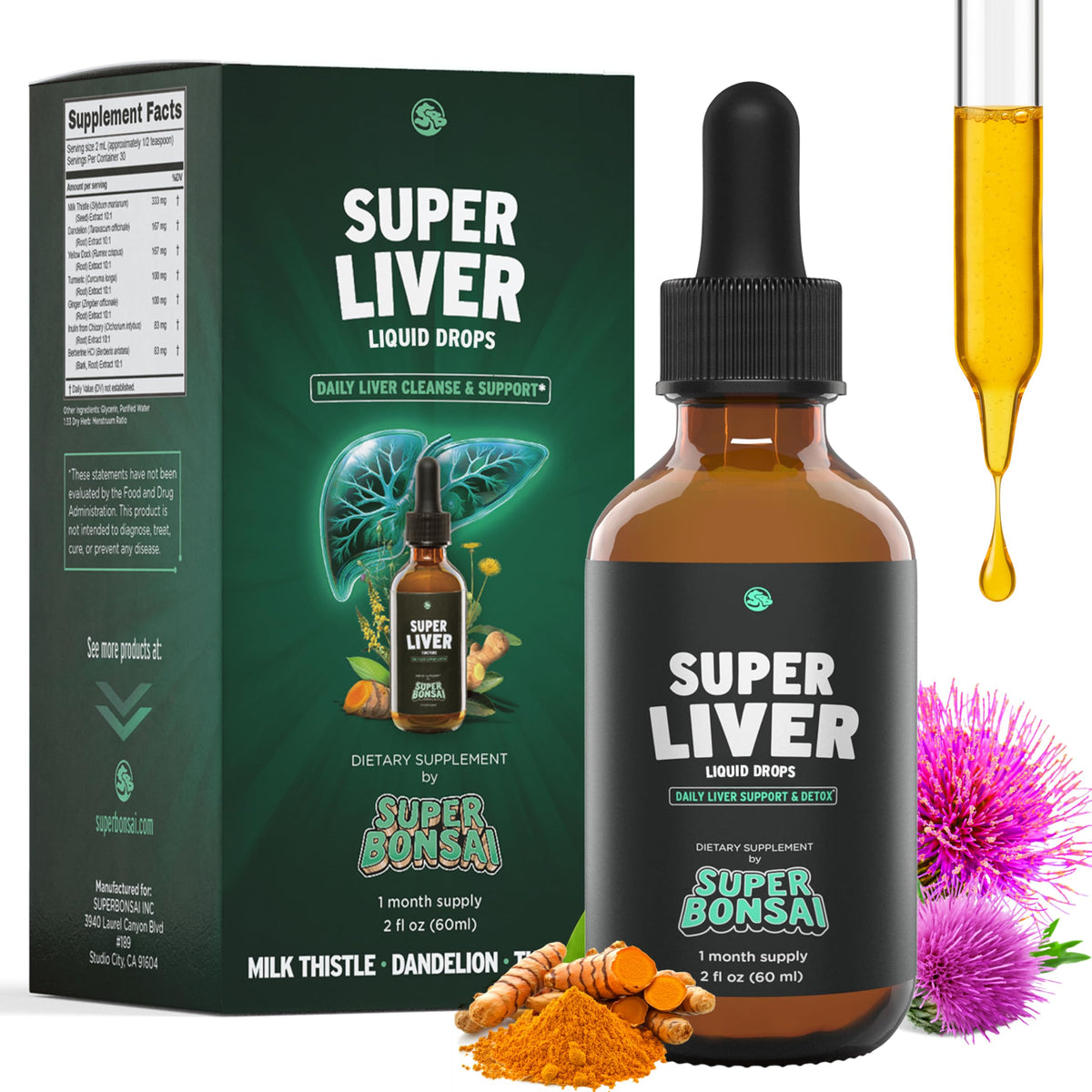 SuperBonsai Super Liver Support milk-thistle bottle promotes natural liver wellness.