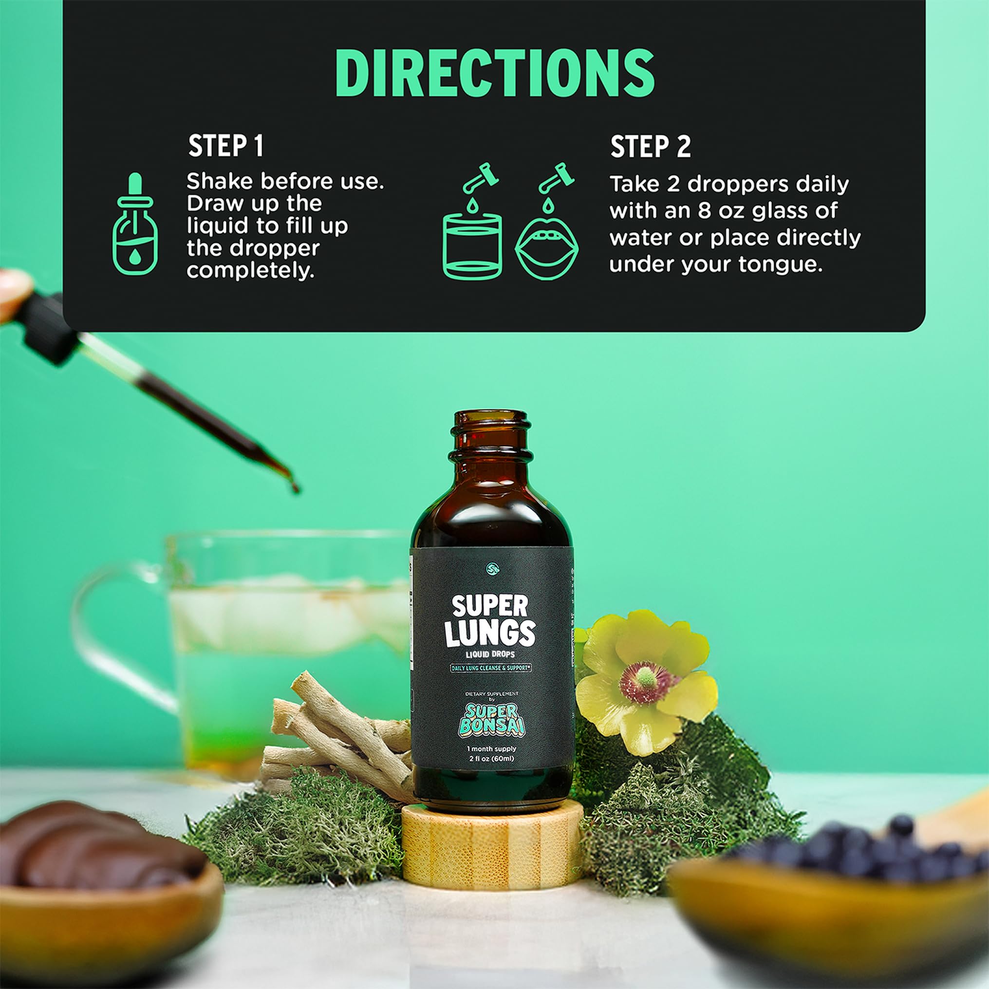 Pour action of Super Lungs bottle releasing tincture for easy use