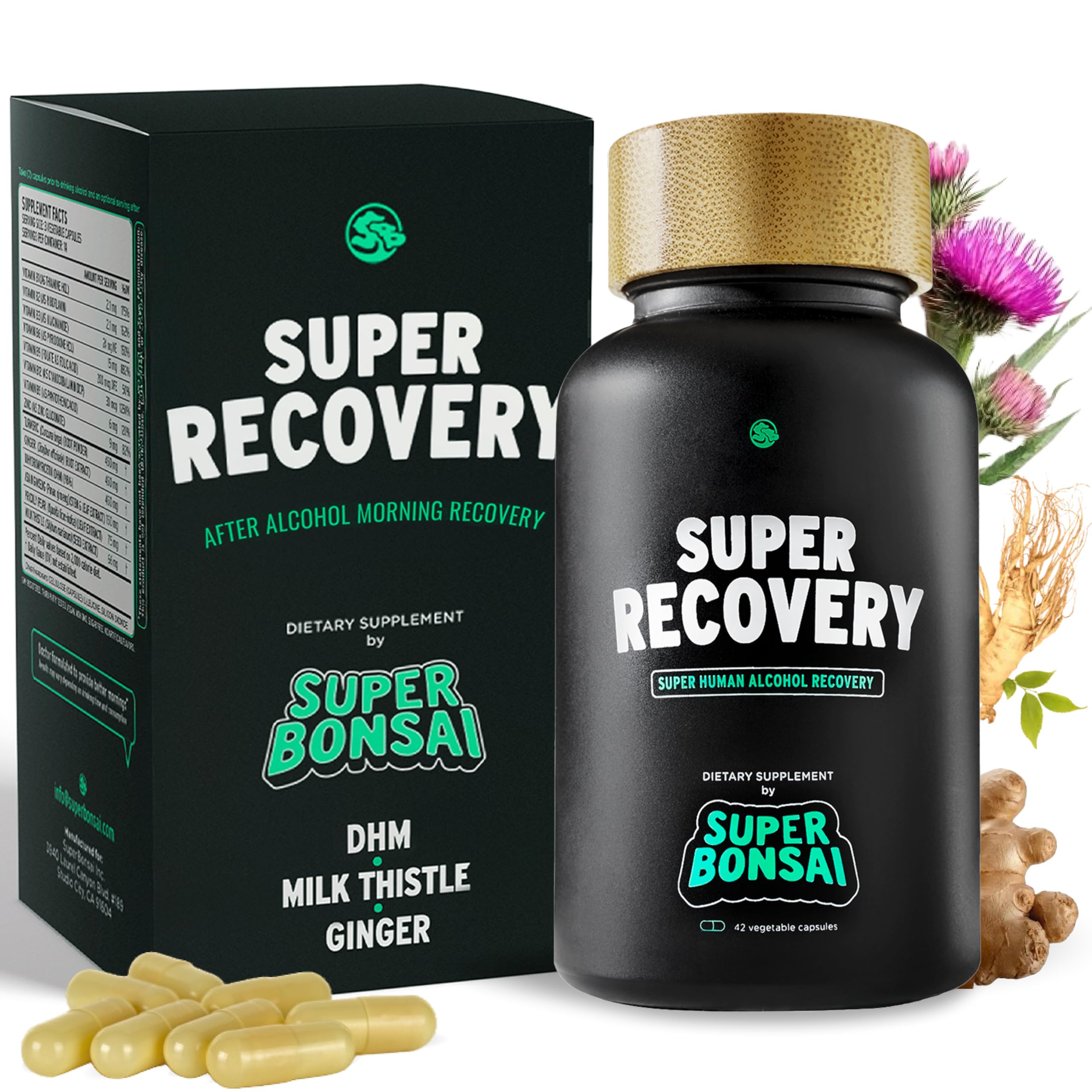 SuperBonsai Super Recovery bottle and label close-up for post-celebration support