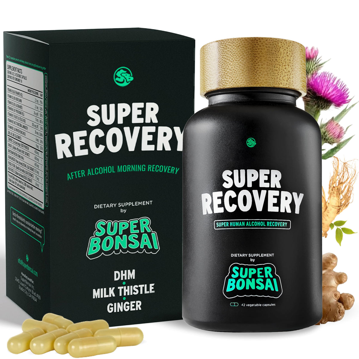 SuperBonsai Super Recovery bottle and label close-up for post-celebration support