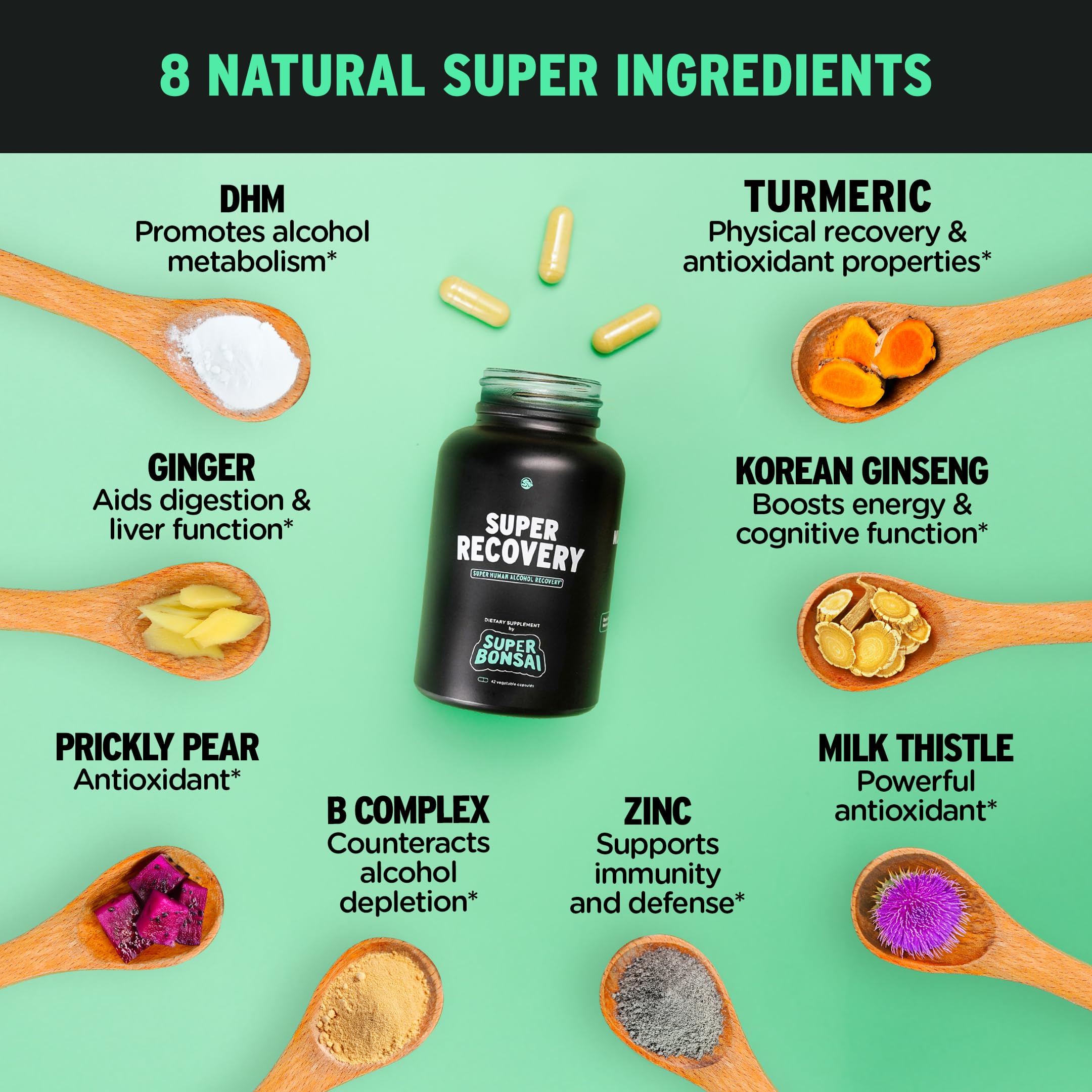 SuperBonsai Super Recovery capsules close-up showing natural ingredients