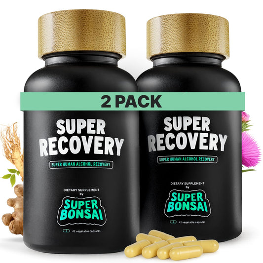 SuperBonsai Super Recovery capsules in bottle, suggesting post-celebration energy support.