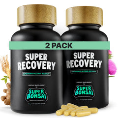 SuperBonsai Super Recovery capsules in bottle, suggesting post-celebration energy support.