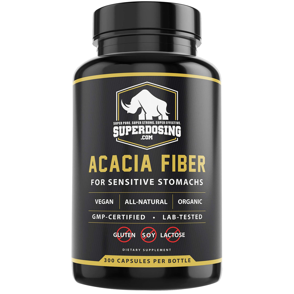 SuperDosing Acacia Senegal fiber capsules bottle for convenient daily fiber support.