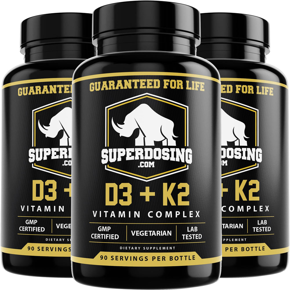 SuperDosing D3K2 bottle front view in premium packaging with UV protection