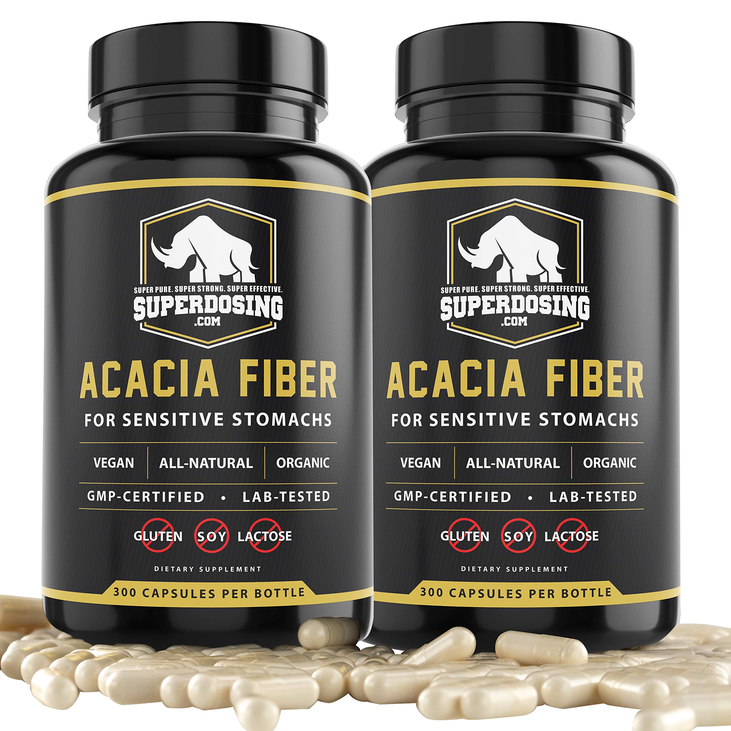 SuperDosing Organic Acacia Senegal Fiber Capsules bottle pour shows convenient on-the-go fiber support.