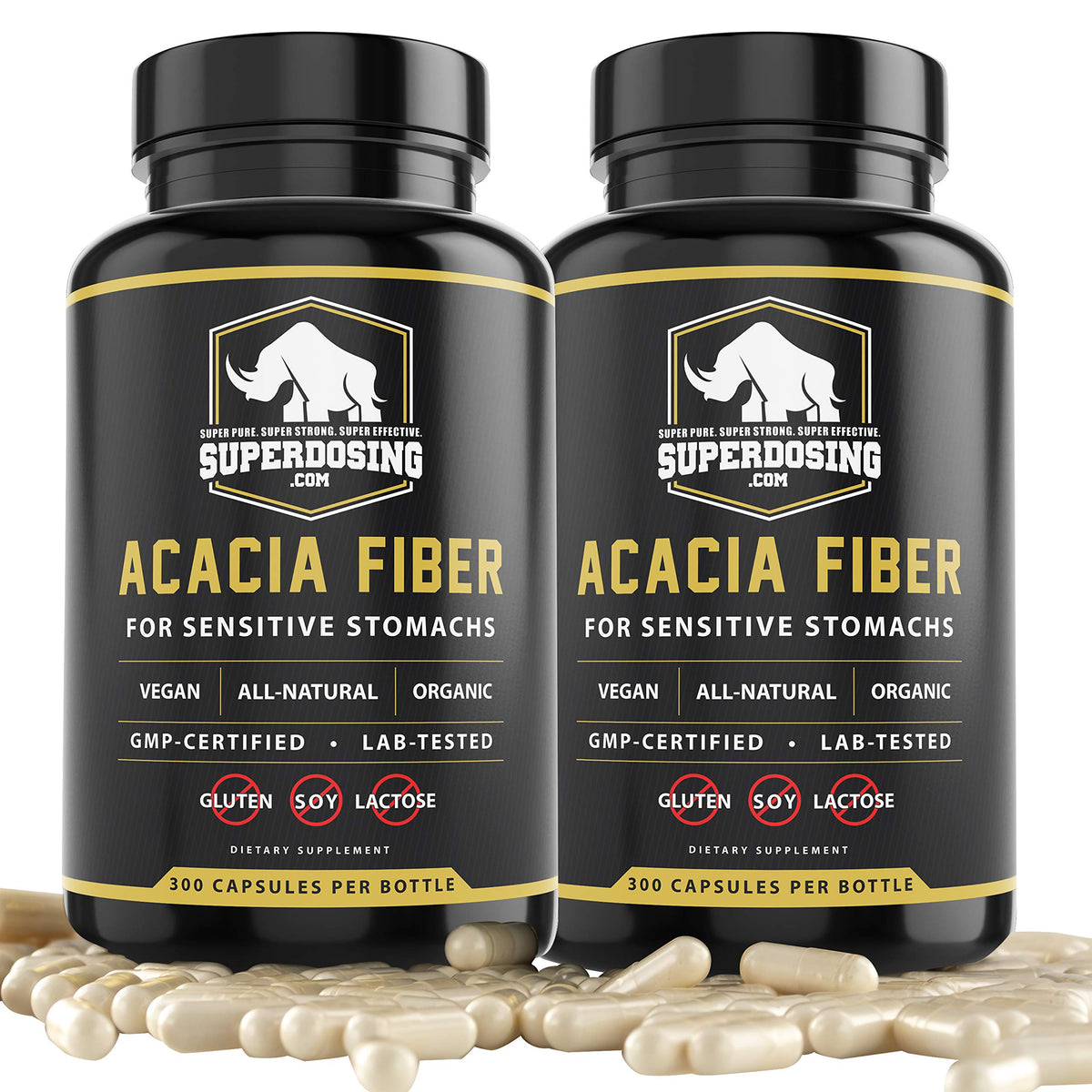 SuperDosing Organic Acacia Senegal Fiber Capsules bottle pour shows convenient on-the-go fiber support.