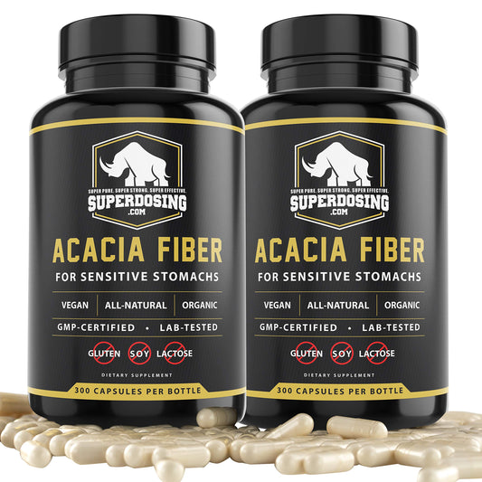 SuperDosing Organic Acacia Senegal Fiber Capsules bottle pour shows convenient on-the-go fiber support.