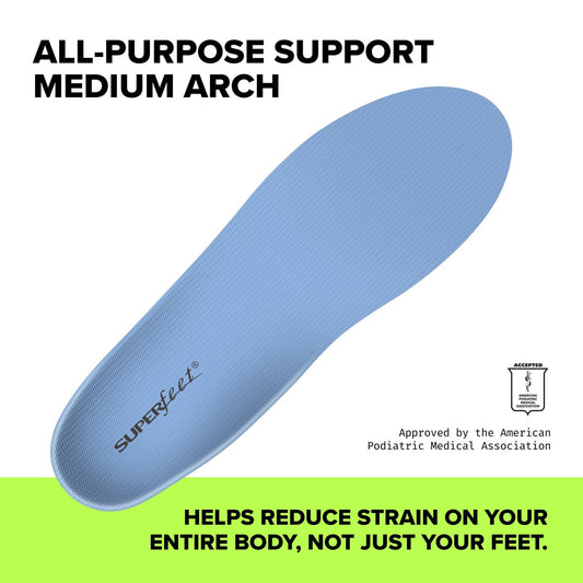 Superfeet All-Purpose Blue mid-arch support stabilizes feet during daily activities.