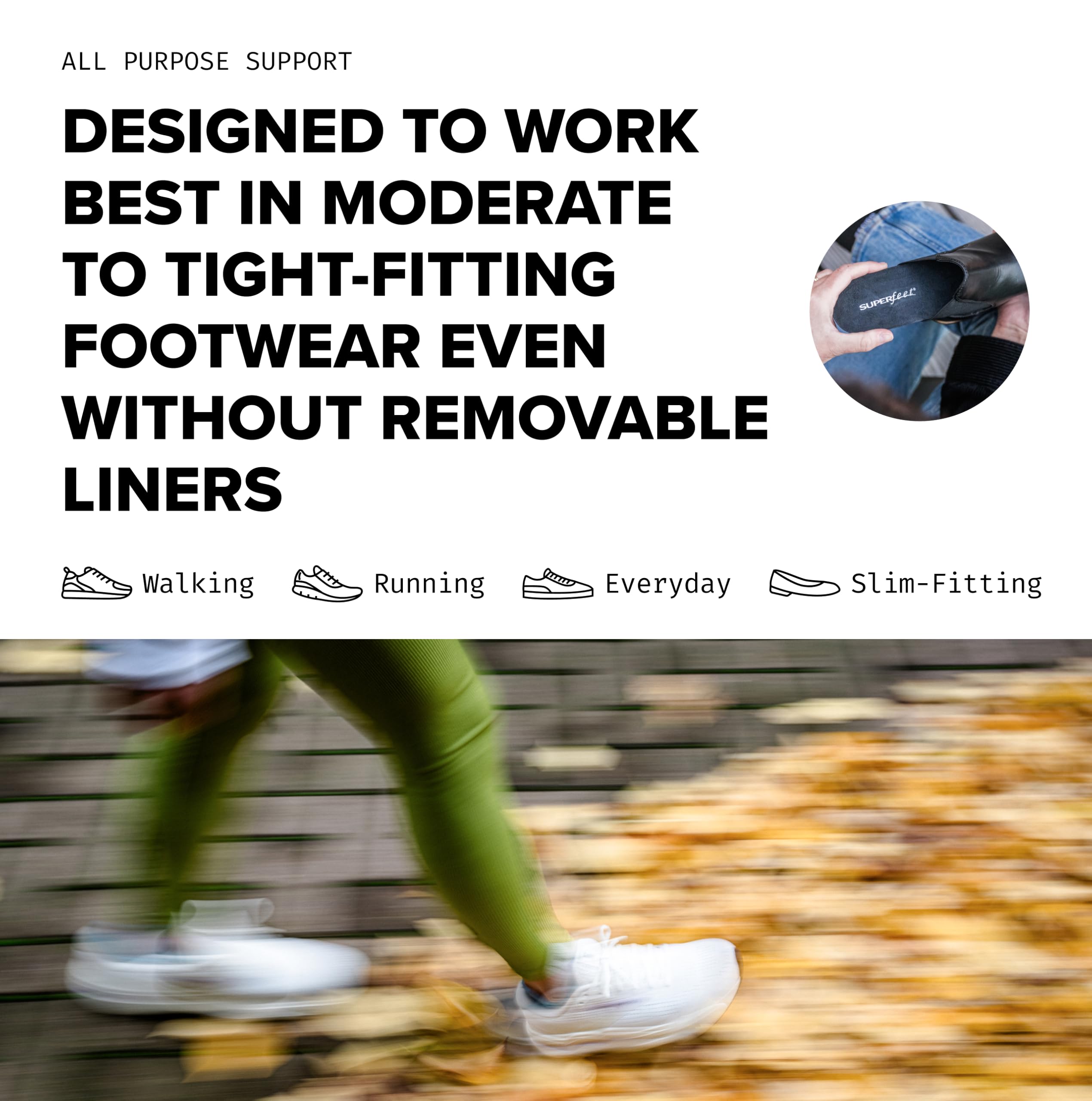 Superfeet insole inside a shoe for all-day 24/7 wear.