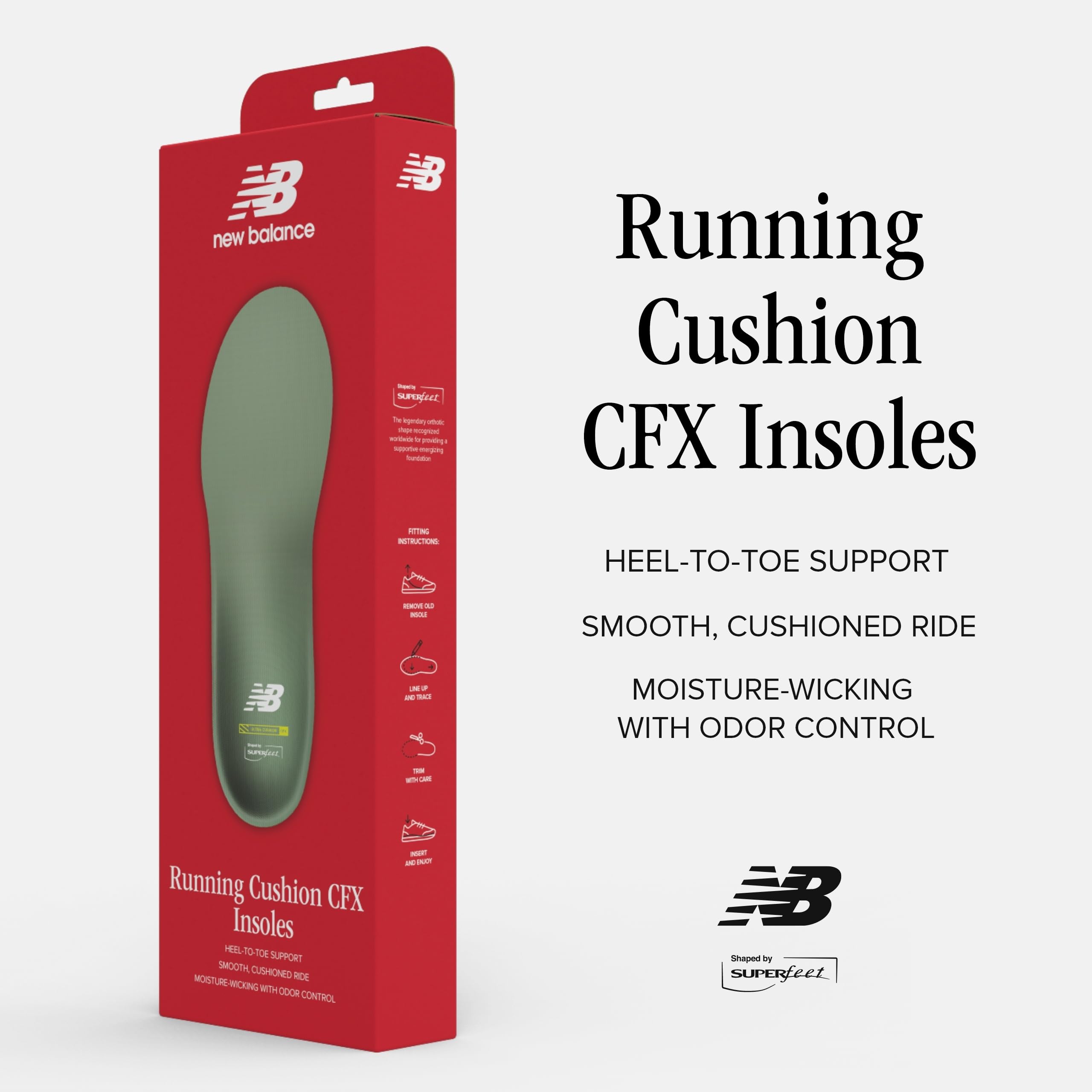 Superfeet New Balance CFX insoles with a deep heel cup cushion every step.