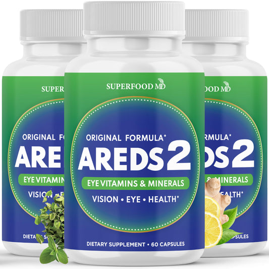 Superfood MD AREDS2 bottle label shows lutein and zeaxanthin for eye support.