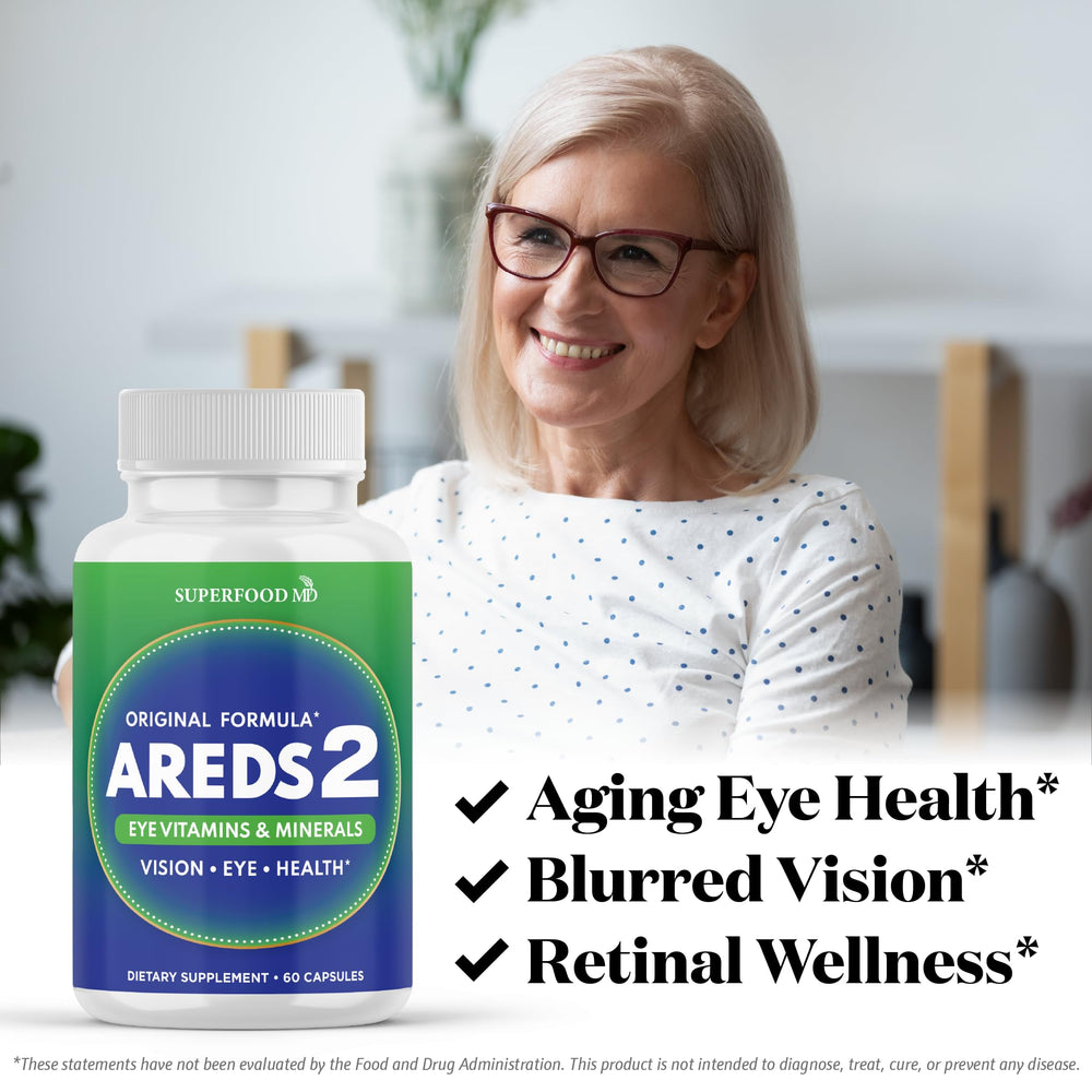 Superfood MD AREDS2 capsules close-up showing essential minerals for visual performance.