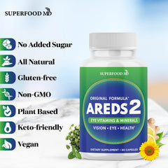 Superfood MD AREDS2 bottle on a desk suggests daily eye care.