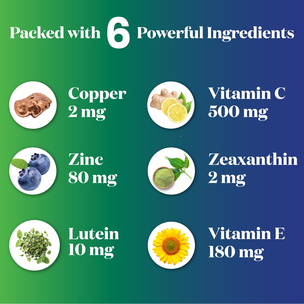 Superfood MD AREDS2 zinc copper minerals close-up for eye-supporting nutrition.