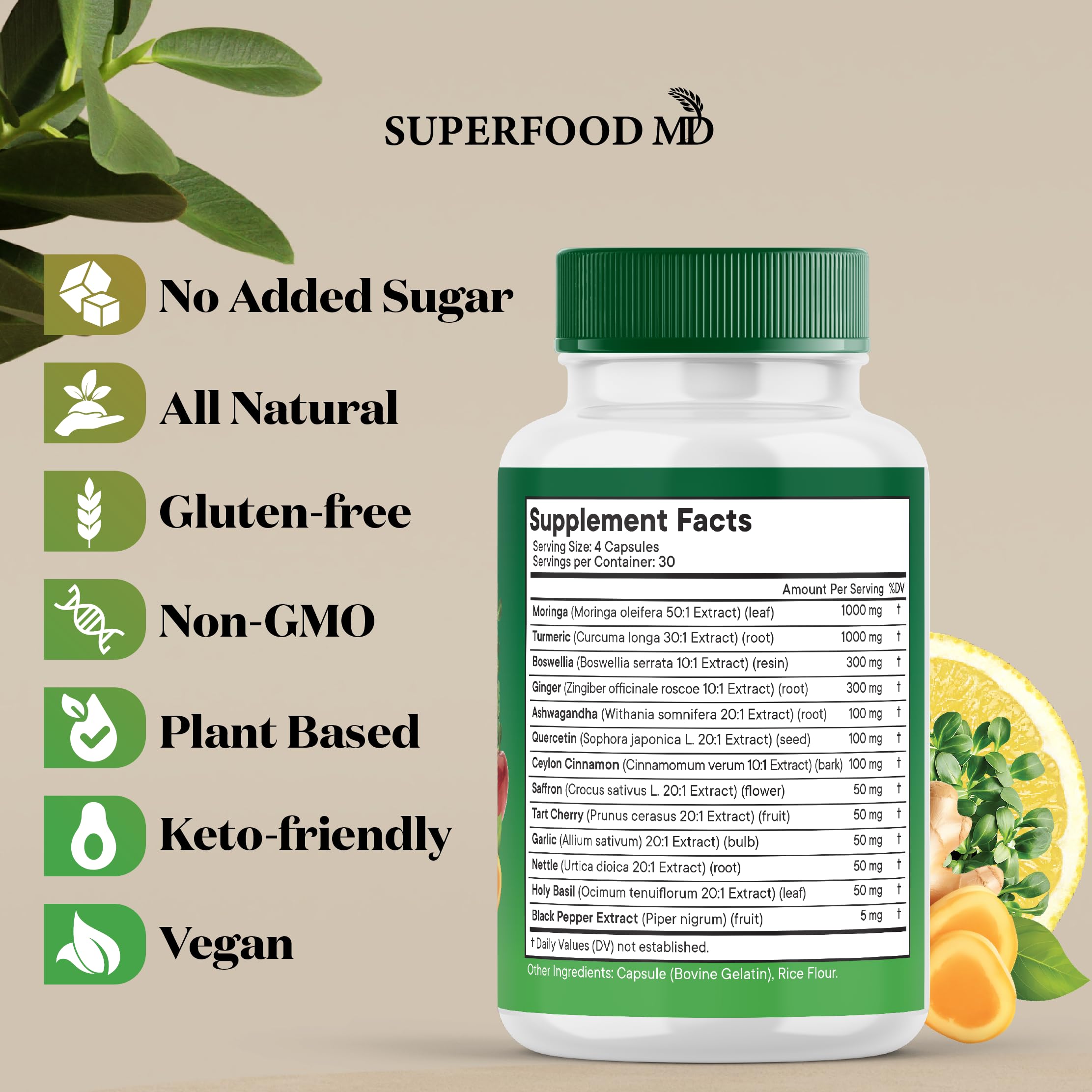 Superfood MD bottle close-up highlighting convenient 360 capsules for ongoing wellness.