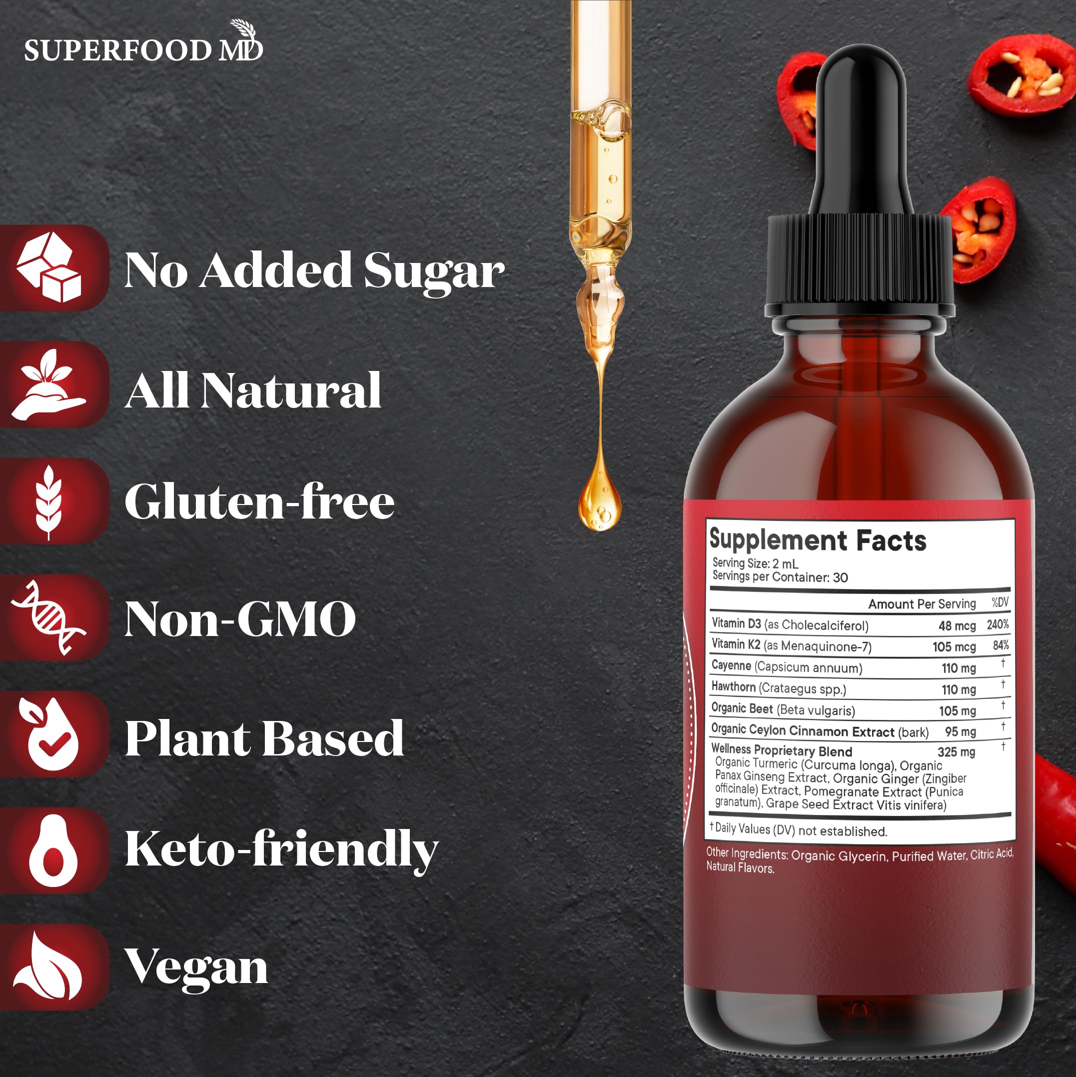 Superfood MD vitamin D3 K2 liquid for micronutrient support in daily routine.