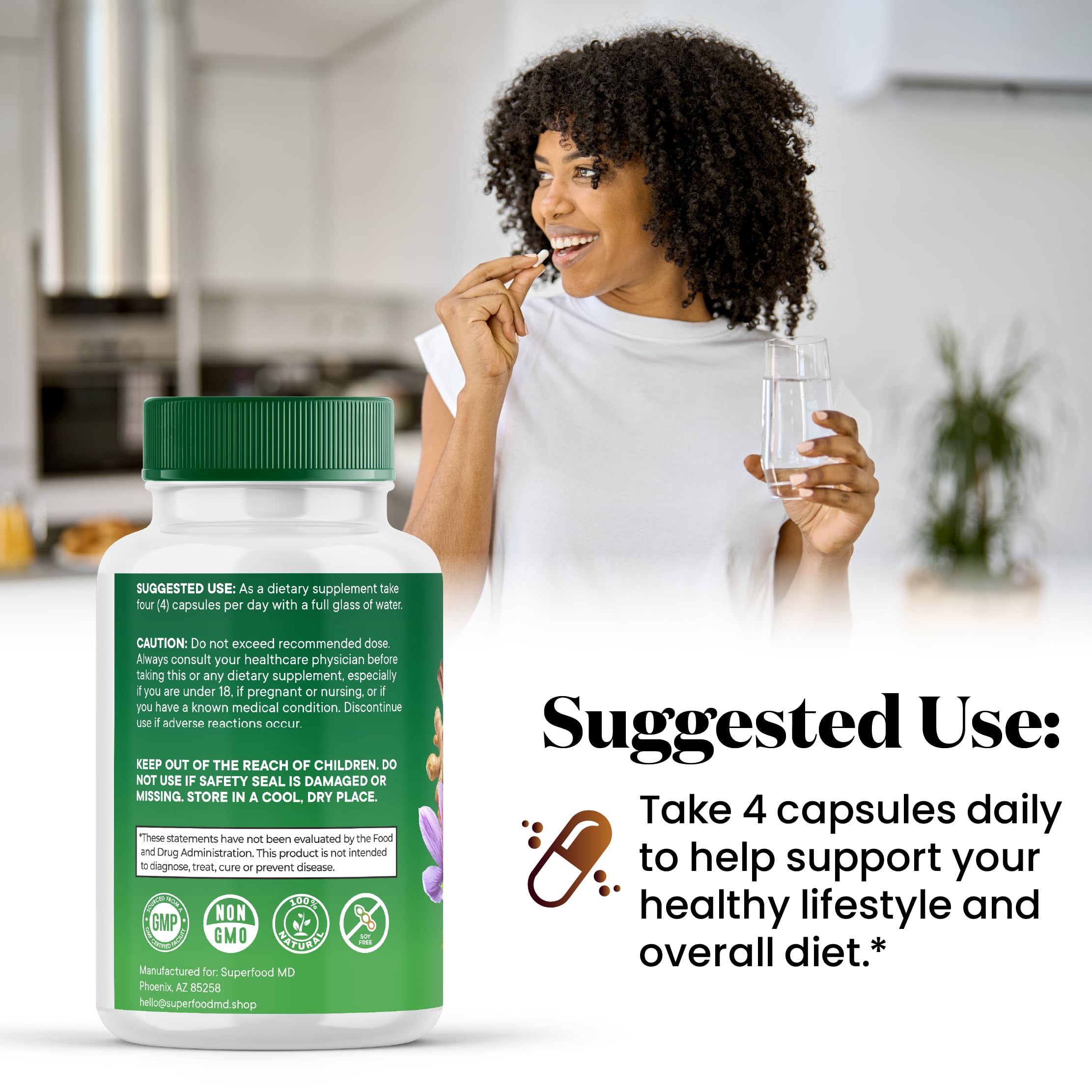 Daily-use illustration showing a simple wellness routine with Superfood MD.