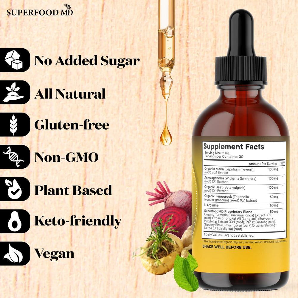 Superfood MD Drops serving teaspoon showing easy add-to-drink use.