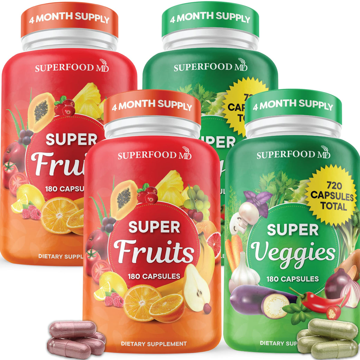 Superfood MD bottle front shows 720-count packaging for daily wellness.