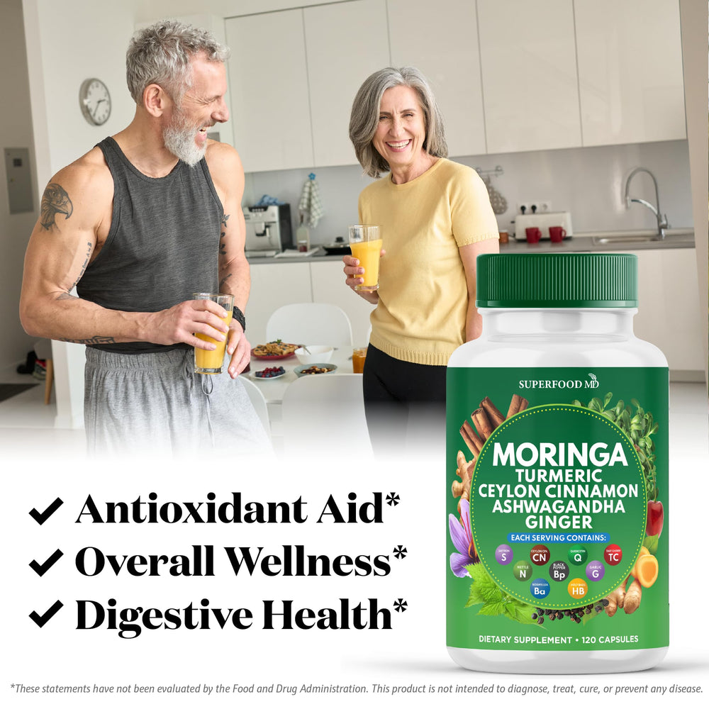 Visual of moringa leaf powder with turmeric, ginger, and boswellia in the formula.