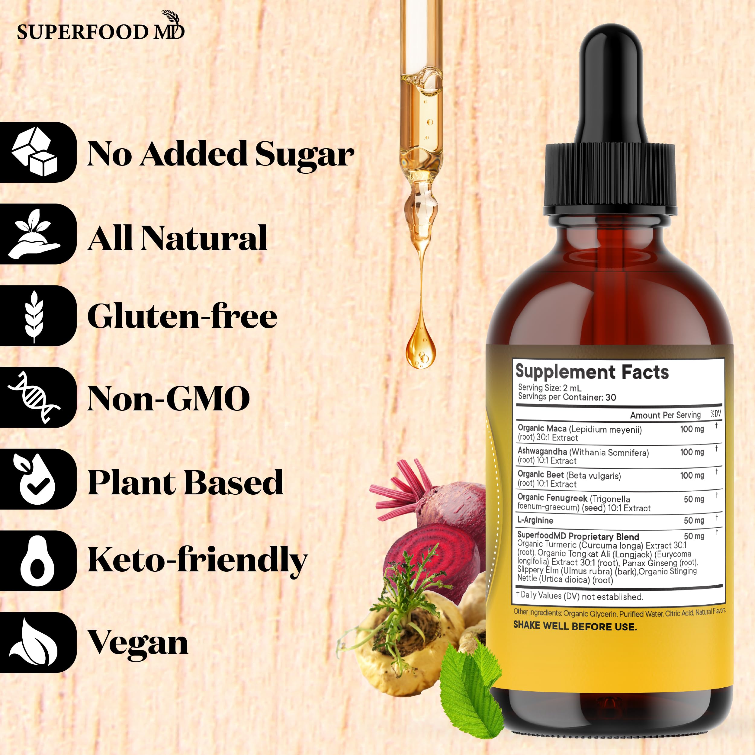 Superfood MD L-Arginine liquid splash illustrating mixability