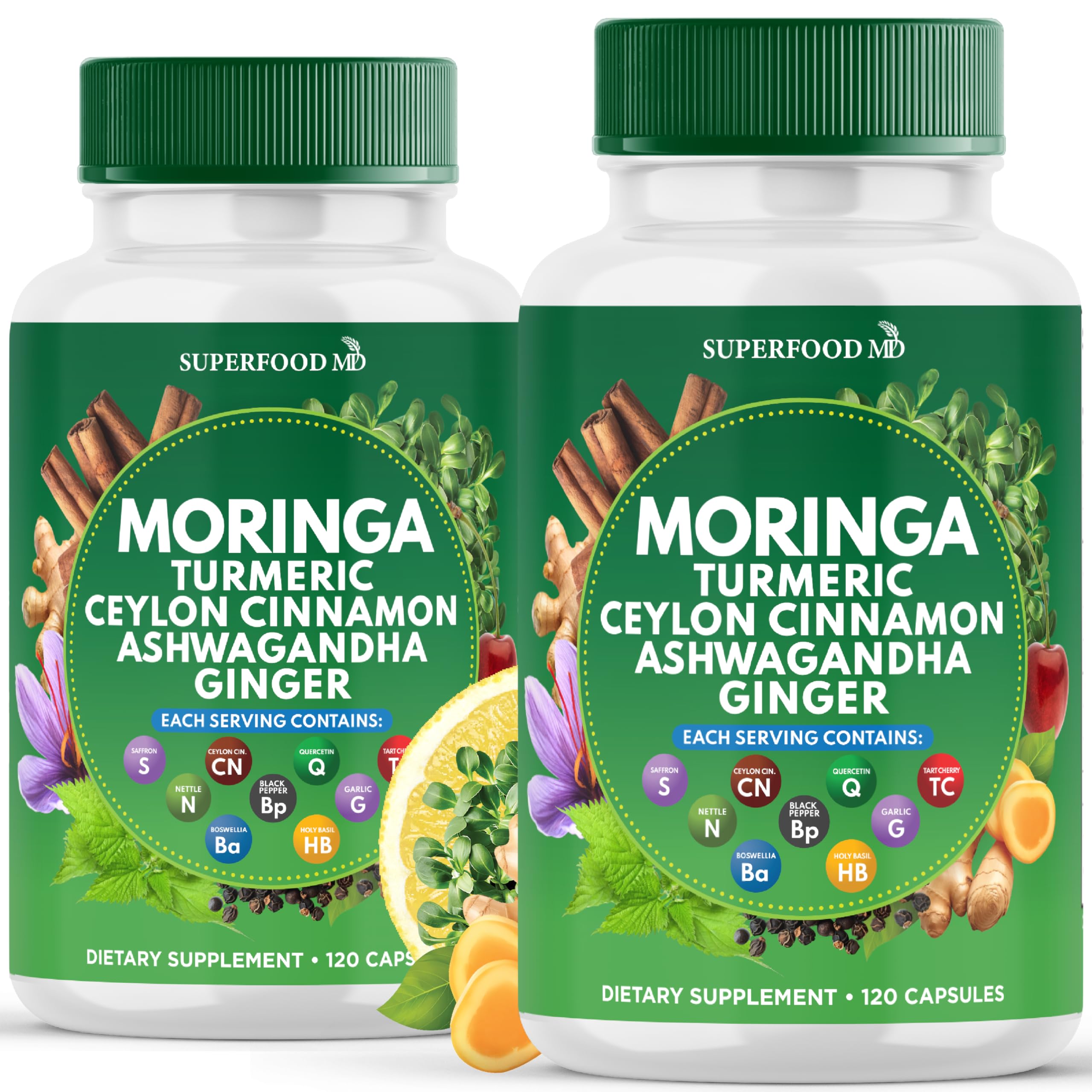 Superfood MD moringa-turmeric-ginger-boswellia capsules in bottle for daily wellness.