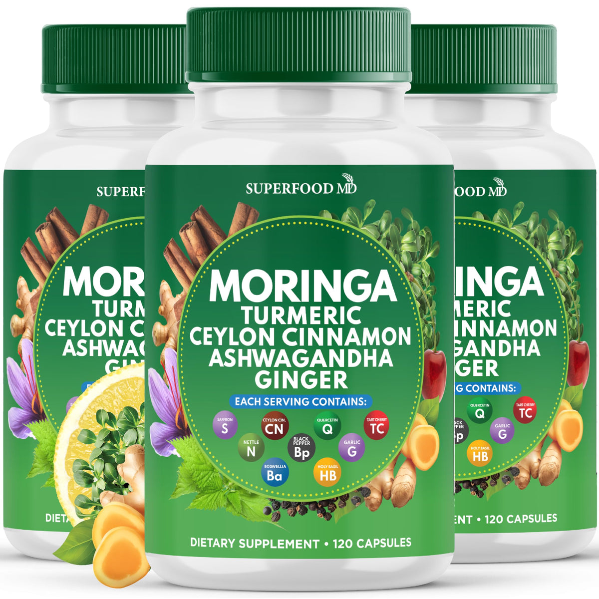 Superfood MD moringa-turmeric-ginger capsules on bottle support daily vitality.
