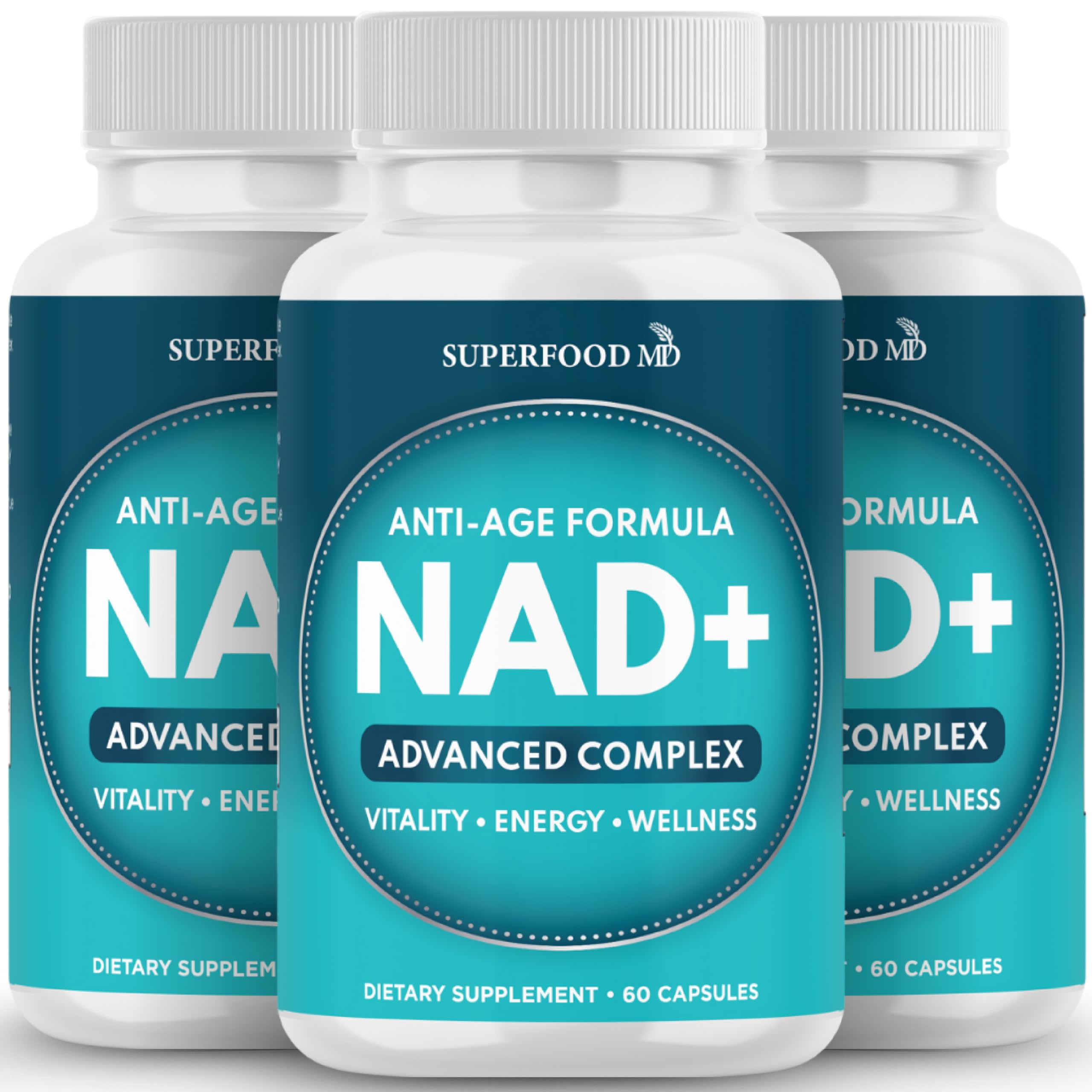 Superfood MD NAD+ liposomal bottle shows enhanced absorption for daily vitality