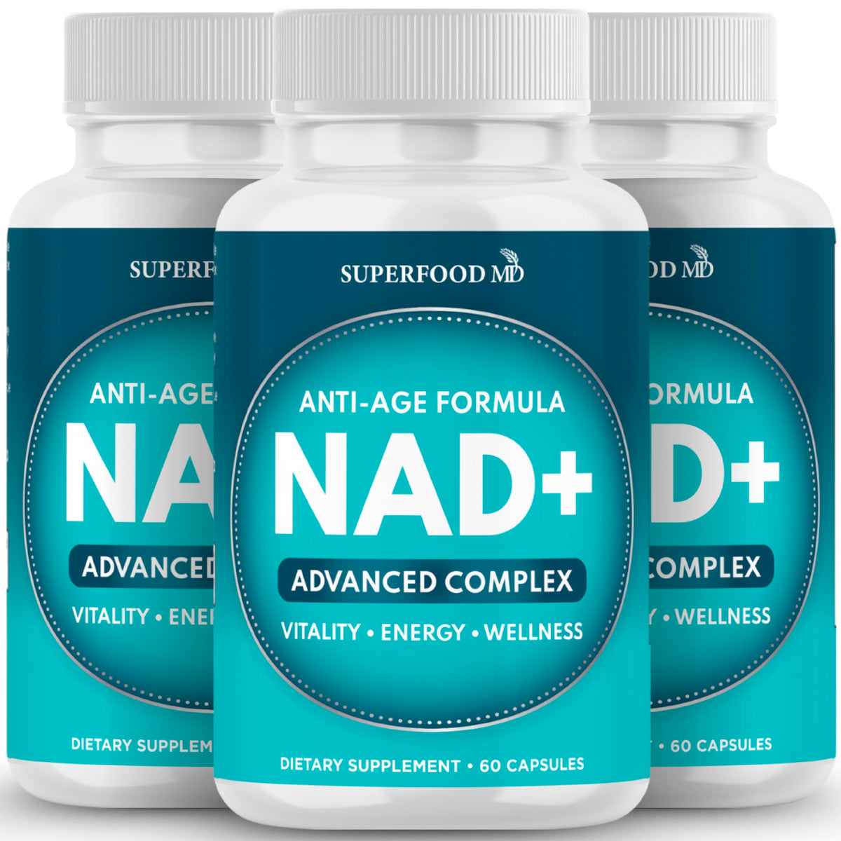 Superfood MD NAD+ liposomal bottle shows enhanced absorption for daily vitality