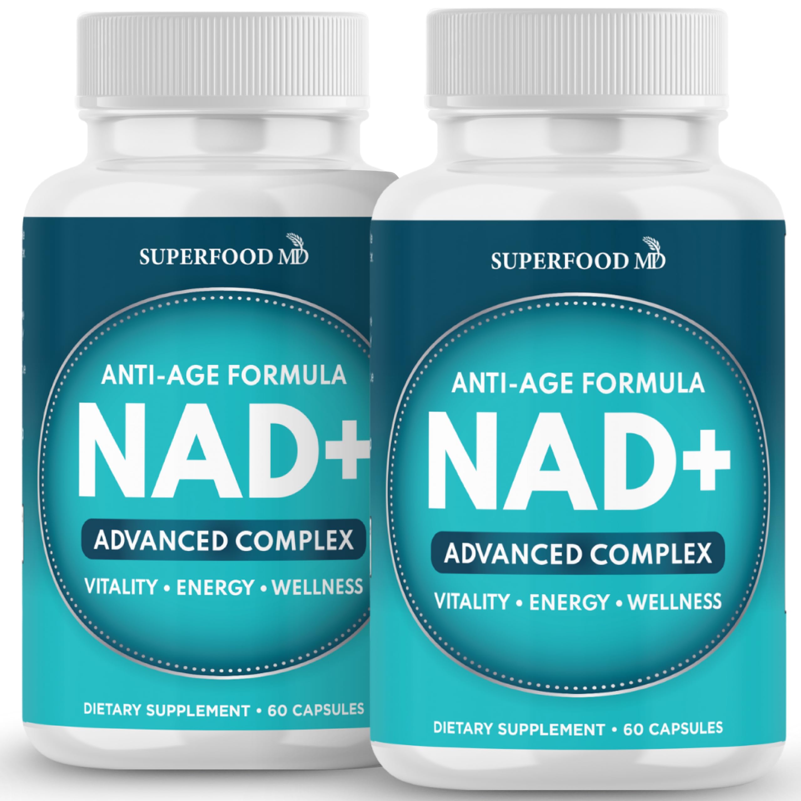 Superfood MD NAD+ supplement bottle front for daily wellness support.
