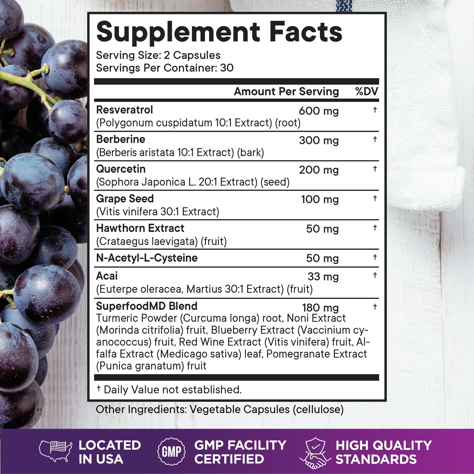 Superfood MD Quercetin capsules for everyday wellness and versatile use.