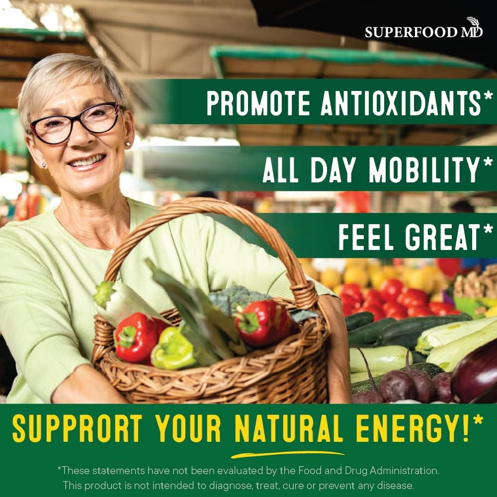 Serving scoop measuring capsules for a two-month supply of Superfood MD supplement.